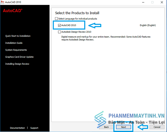 Tích vào ô Autocad 2010 rồi ấn next