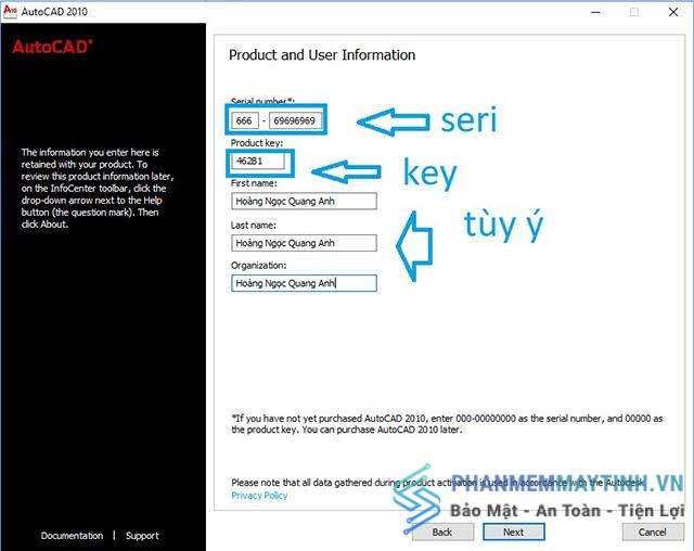 Nhập Serial Number và Product key vào các ô tương ứng