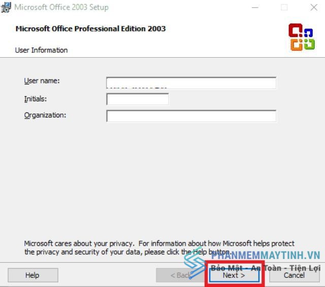 Để mặc định mục User name rồi chọn Next