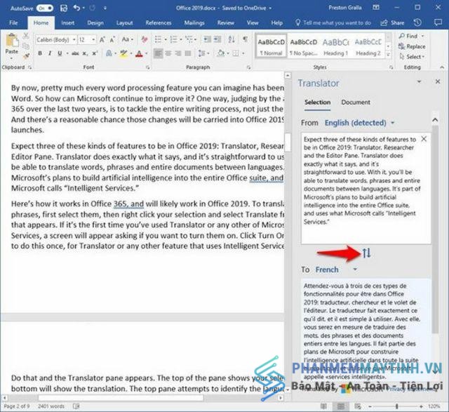 Tính năng hỗ trợ dịch văn bản của office 2019