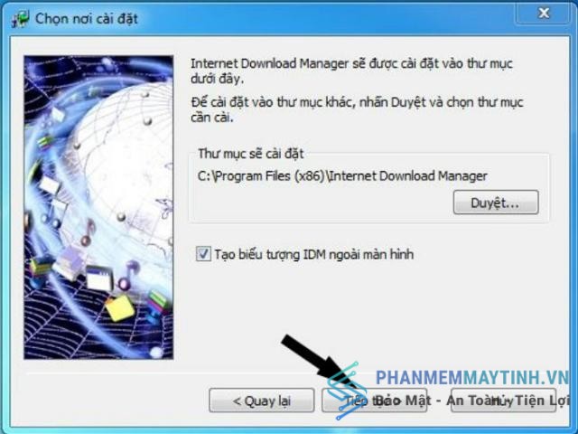 Tích chọn “Tạo biểu tượng IDM ngoài màn hình”, rồi nhấn “Tiếp tục”