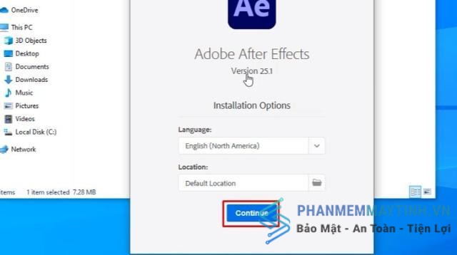 Bấm Continue để tiếp tục cài đặt After Effects 2025
