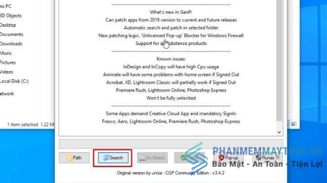 Khi cửa sổ Adobe GenP mở ra nhấn Search