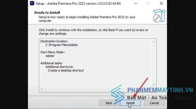 Chọn “Install” để bắt đầu cài đặt Premiere Pro 2023