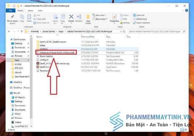 Chọn “Adobe exe firewall block windows.bat”