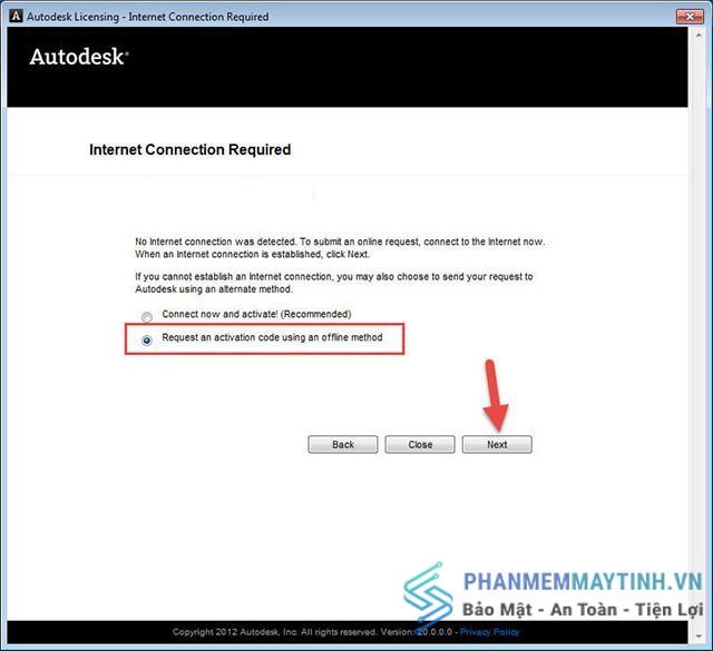 Chọn “Request an activation code using an offine method”