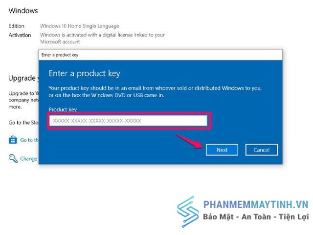 Bạn nhập Product Key mới và bấm Next