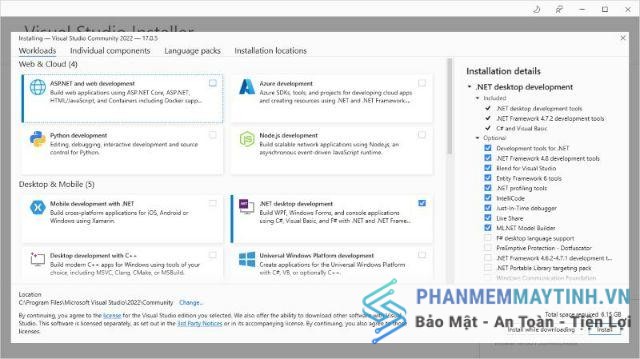 Chọn ” .Net desktop development” ở phần trên và để các tùy chọn cài đặt khác