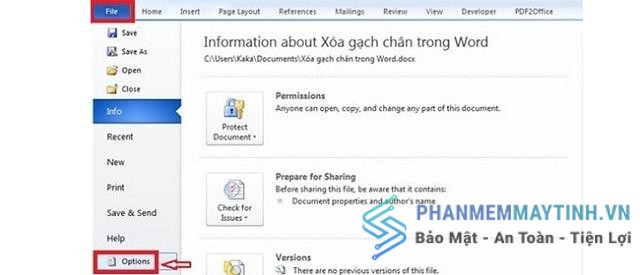 Vào File, chọn Options.