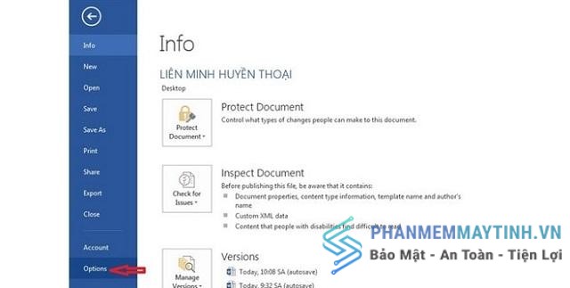 Trong Word chọn File, tiếp đến là Options
