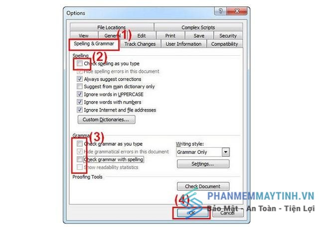 Nhấp tab Spelling & Grammar và bỏ các dấu tích chọn trong Grammar rồi ấn OK