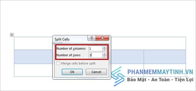 Chọn số hàng, cột cần tách rồi nhấp OK