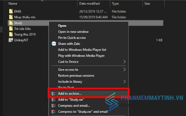 Nhấn chuột phải vào tệp tin và chọn Add to archive