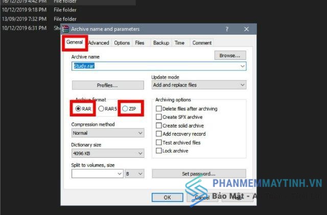 Chọn mục Archive Format trên tab General