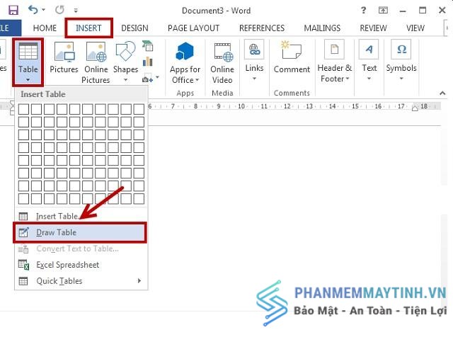 Chọn mục Draw Table, chuột sẽ chuyển thành cây bút để kẻ bảng