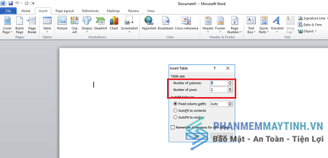 Ghi số hàng và cột cần có rồi nhấn OK để lập bảng