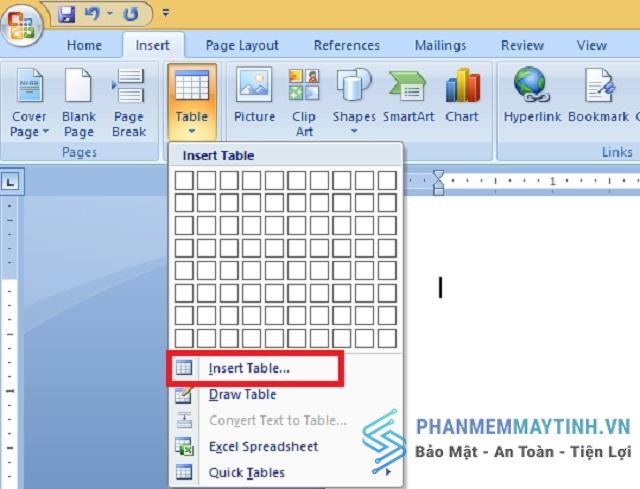 Chọn Table insert để hiển thị hộp thoại số cột và hàng