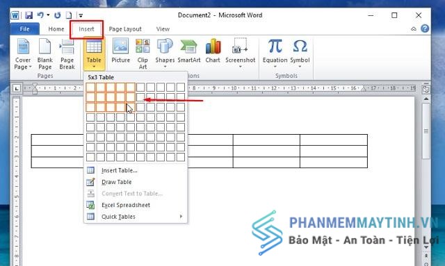 Dùng chuột kích số ô ngang và dọc để tạo bảng mong muốn