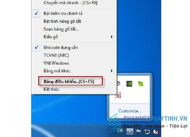 Kích chuột vào biểu tượng Unikey, chọn bảng điều khiên CS + F5