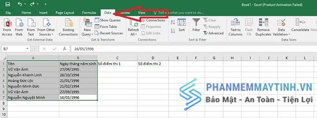 Bôi đen toàn bộ phần dữ liệu cần lọc rồi chọn Data