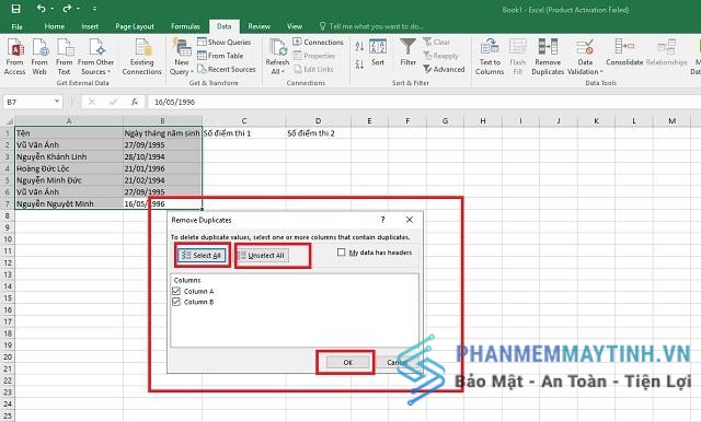 Cách lọc bằng Remove Duplicates