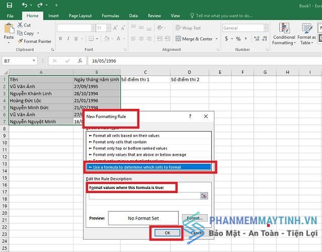 Tại Edit Forrmatting Rule, chọn Use formula to determine which cells to format. Nhập lệnh lọc vào ô Format values where this formula is true rồi ấn OK