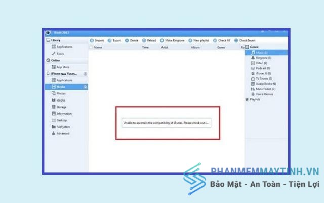 Lỗi Unable to ascertain the compatibility of iTunes please check out iTunes