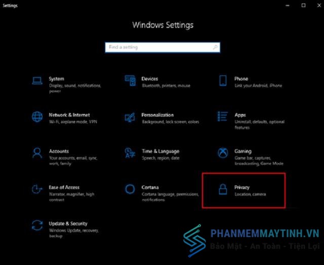 Trong Window settings, ấn tiếp vào mục Privacy