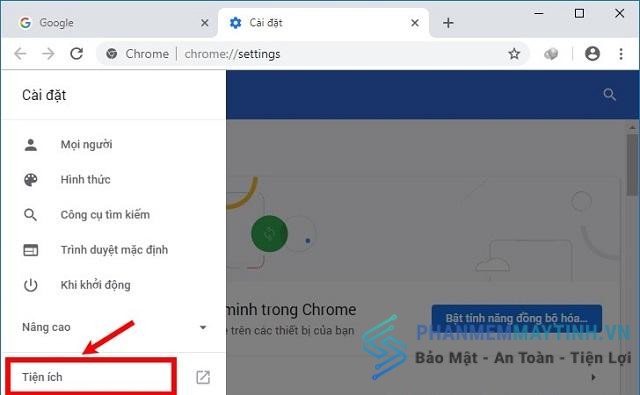 Chọn tiện ích trong chrome