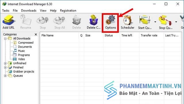 Mở IDM, chọn options