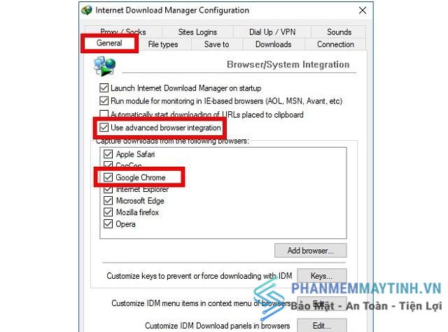 Vào thẻ General, đánh dấu chọn mục Use advanded browser integration