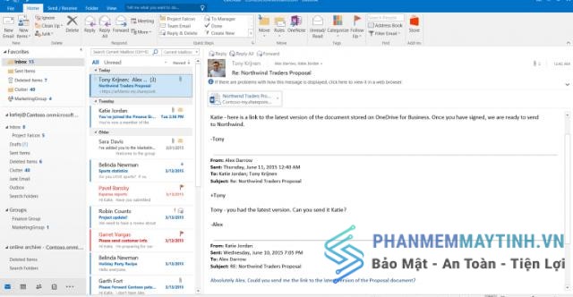 Giao diện quản lý Email của phần mềm Outlook phiên bản 2016